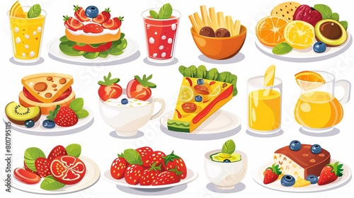 Set of different breakfast, lunch and dinner isolated on white background Collection of cartoon appetizing fresh food and drink vector graphic illustration Tasty colorful serving dish