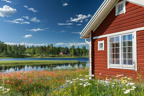 A Swedish summer house with red wooden siding and white trim, situated in a wildflower meadow by a tranquil lake.