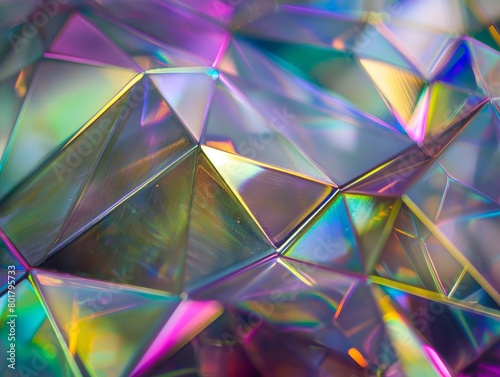 A close-up of a shiny iridescent crystal surface reflecting vibrant colors.