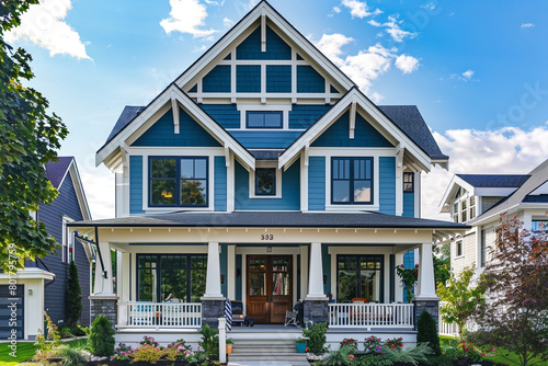 A two-story Craftsman home with a striking blue and white color scheme, detailed trim work, and a welcoming front porch, located in a suburban neighborhood.