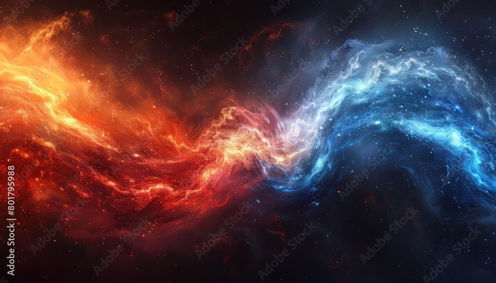 Left red, right blue, over center, black background, wave shape, cool effect