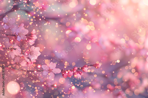 Cherry Blossom Pink Glitter Defocused Abstract Twinkly Lights Background, shimmering blurred lights in soft cherry blossom tones.