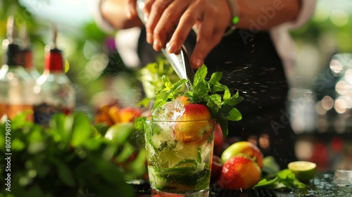 The air is filled with the tantalizing aroma of fruits and herbs as the magician chops and muddles ingredients to create unique and refreshing mocktails. photo