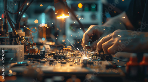 A technician expertly solders an electronic circuit board, with bright sparks flying from the soldering iron. photo