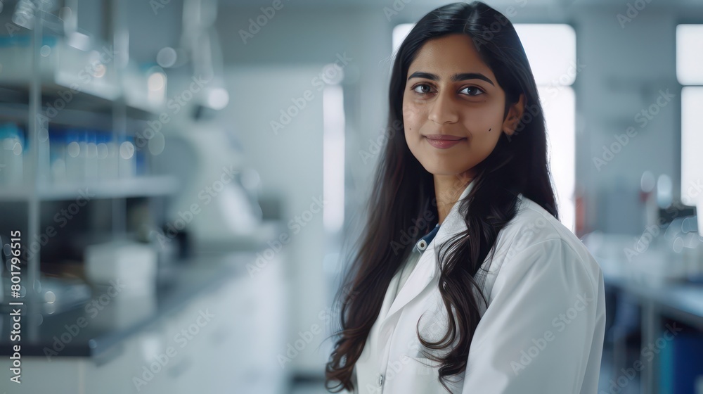 woman, wearing a lab coat, standing in a clinical lab woman, wearing a lab coat, standing in a clinical lab