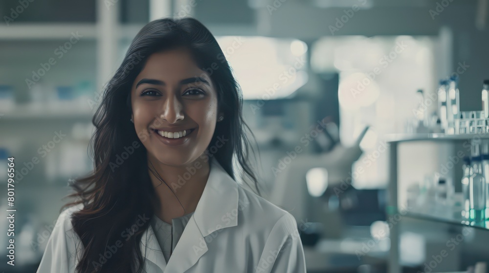 woman, wearing a lab coat, standing in a clinical lab woman, wearing a lab coat, standing in a clinical lab