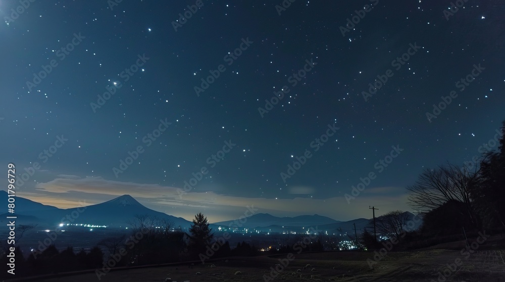 Fototapeta premium Starry night over a serene landscape with mountains and city lights