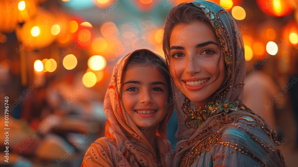 Ai Generative photo of a happy muslim family with ramadan lanterns in streets Ai Generative photo of a happy muslim family with ramadan lanterns in streets