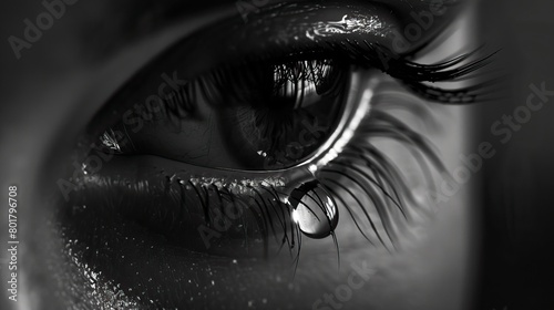 A close-up of a human eye with a tear rolling down in detailed black and white photography capturing raw emotion