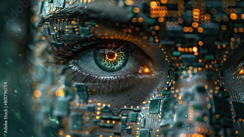 Eye connected to intricate circuitry showcasing a blend of human and technology