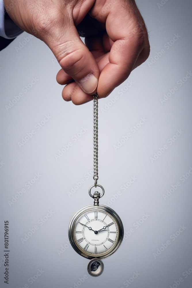Close-up of a hand delicately holding a classic pocket watch suspended by a chain Close-up of a hand delicately holding a classic pocket watch suspended by a chain