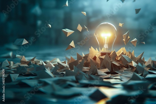 A bright lightbulb stands out among origami paper boats on a reflective surface photo
