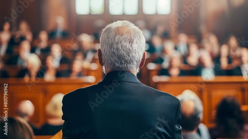 A distinguished senior executive stands before a crowd of university graduates, imparting wisdom and guidance