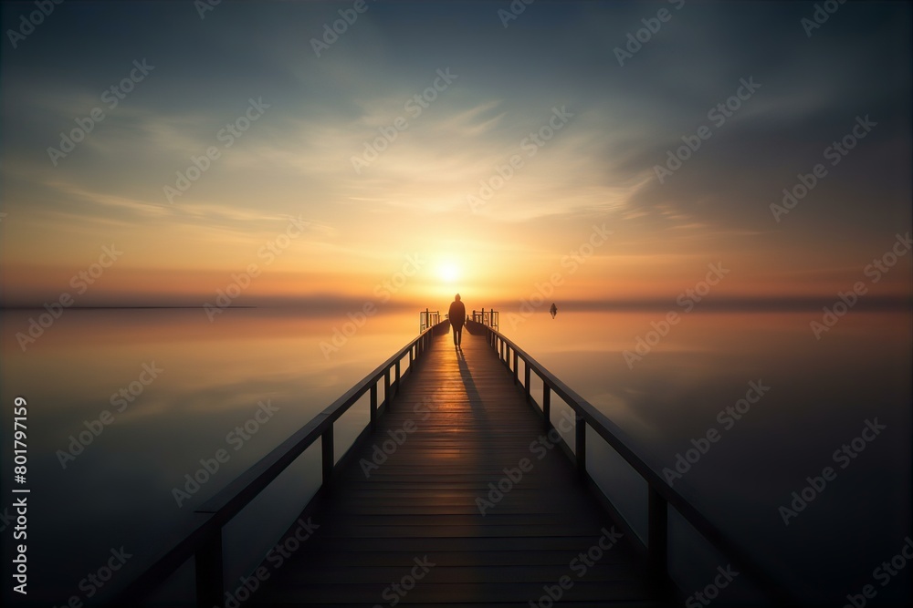 pier, lone, figure, standing, unusual, long, water, solitude, silhouette, serene, isolated, calm, tranquil, horizon