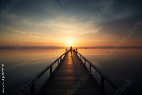 pier  lone  figure  standing  unusual  long  water  solitude  silhouette  serene  isolated  calm  tranquil  horizon