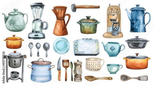 Array of Kitchen Items Painted in Watercolor on a White Background Highlighting Elegance and Functionality