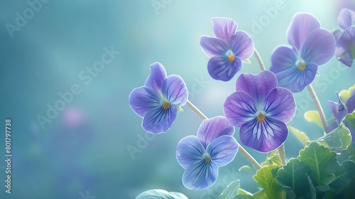 Wild violets, pastel blue matte background, nature conservation magazine cover, serene afternoon lighting, eyelevel shot