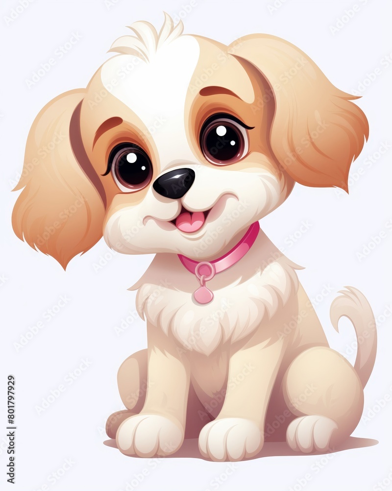 Cute cartoon puppy with big eyes and a pink collar. The puppy is sitting and looking up at the viewer with a happy expression. Cute cartoon puppy with big eyes and a pink collar. The puppy is sitting and looking up at the viewer with a happy expression.