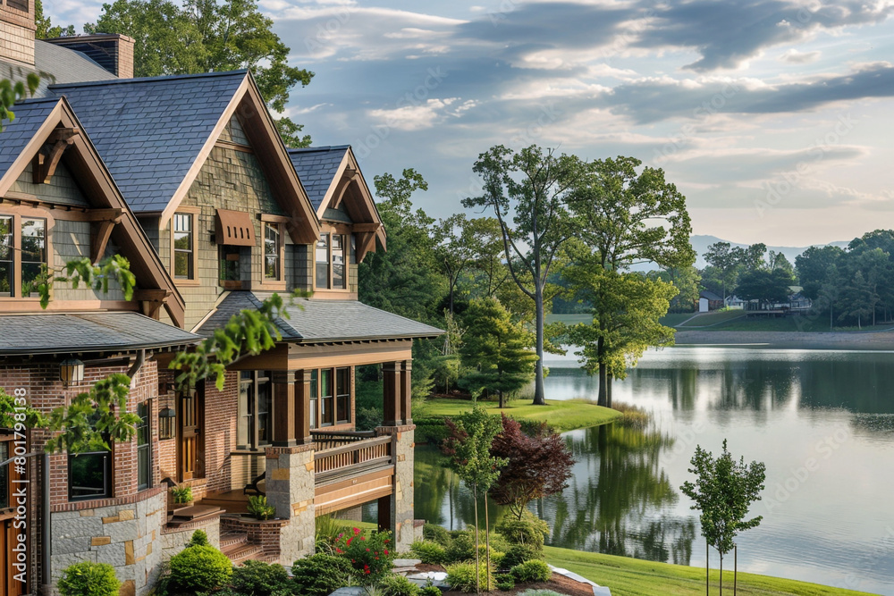 A two-story Craftsman house with a blend of brick and wood siding, multiple gabled roofs, and a spacious front porch overlooking a serene lake. A two-story Craftsman house with a blend of brick and wood siding, multiple gabled roofs, and a spacious front porch overlooking a serene lake.
