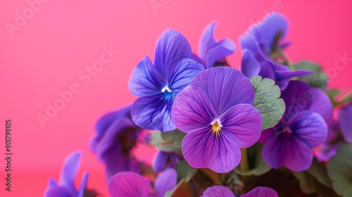 Cluster of violets  vibrant pink background  floral design magazine cover  bright natural daylight  slightly offcenter