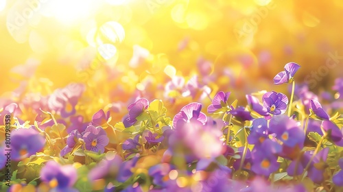 Field of violets, sunny yellow background, gardening tips magazine cover, vibrant sunlight, overhead view © Pornsurang