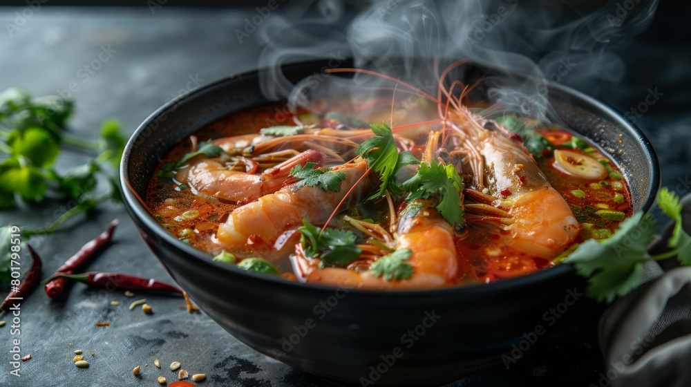 Steaming spicy shrimp Tom Yum Goong soup with fresh herbs and chilies in a black bowl Steaming spicy shrimp Tom Yum Goong soup with fresh herbs and chilies in a black bowl