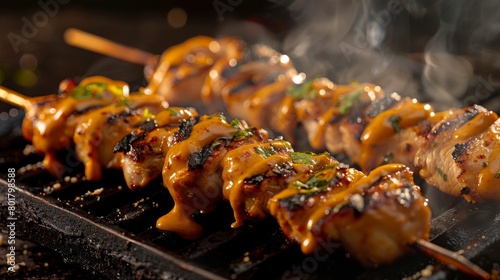 Close-up of chicken satay skewers drizzled with peanut sauce and garnished with herbs photo