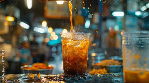 Pouring iced tea into a clear plastic cup at a vibrant street food stall photo