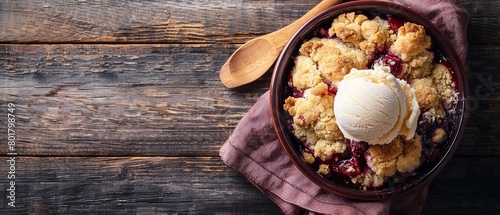 Cobbler with diverse berries and a dollop of ice cream in a dish demonstrated over a slab of wood over the backdrop of a wooden kitchen bar and space, Generative AI. photo