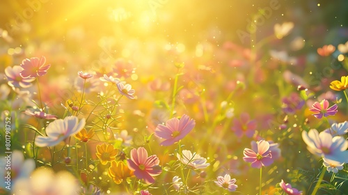 Meadow of cosmos, bright yellow background, summer vibes magazine cover, vibrant sunlight, overhead view © Pornsurang