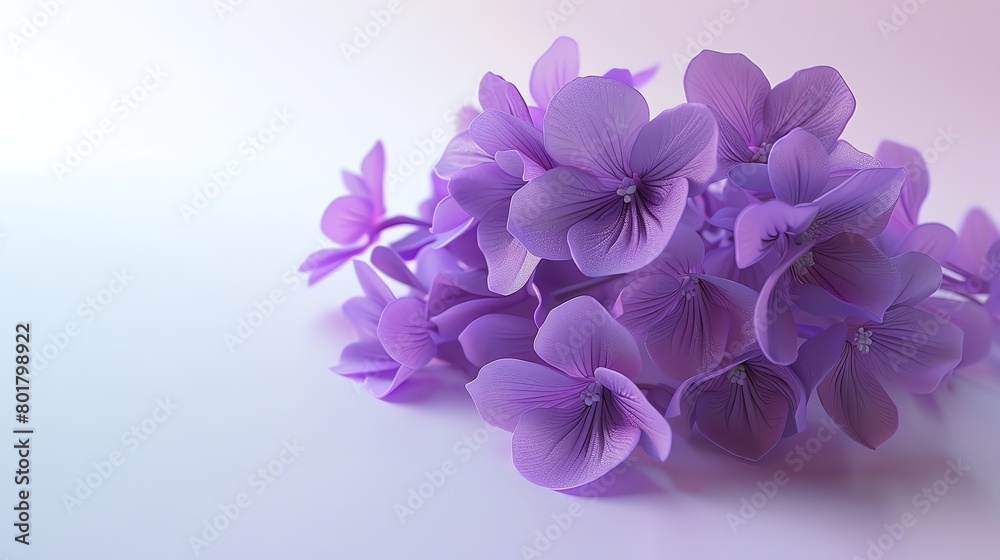 Purple violets bouquet, minimalist white background, elegant home decor magazine cover, soft diffused lighting, perfectly centered