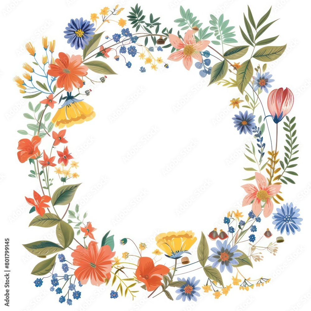 circular frame, colorful forest flower theme, a few small flowers, white background, white center