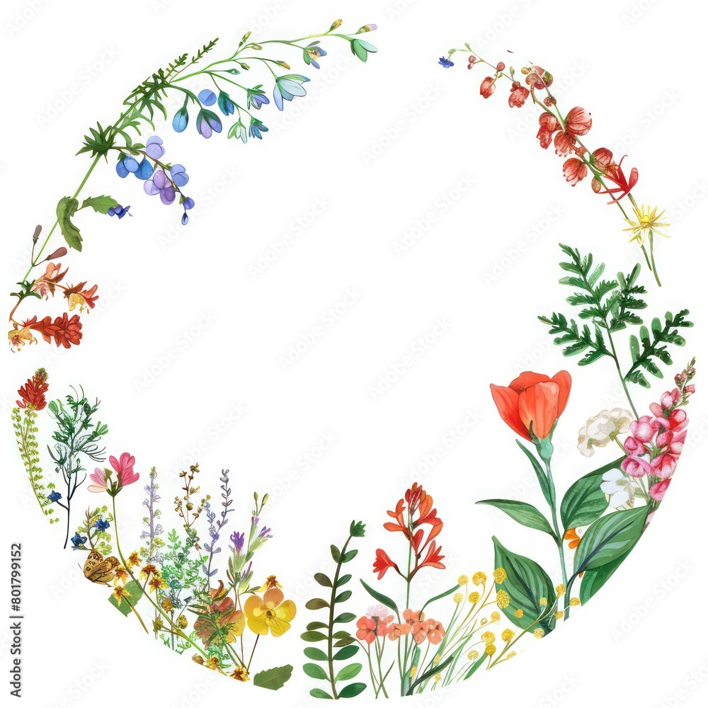 circular frame, colorful forest flower theme, a few small flowers, white background, white center