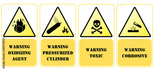different caution signs2 - 1, pressurized cylinder, warning toxic, warning corrosive, oxidizing agent,  photo