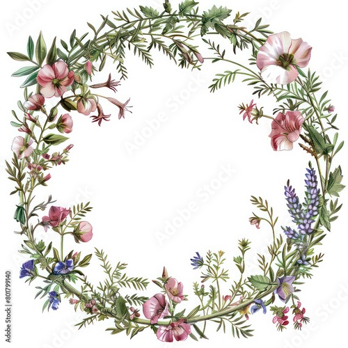 circular frame  colorful forest flower theme  a few small flowers  white background  white center