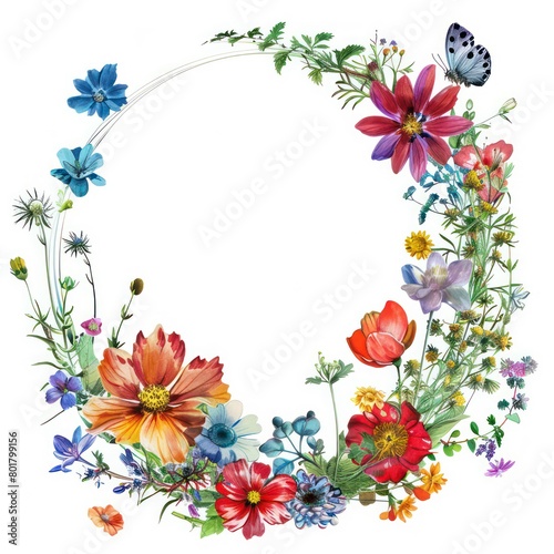 circular frame  colorful forest flower theme  a few small flowers  white background  white center