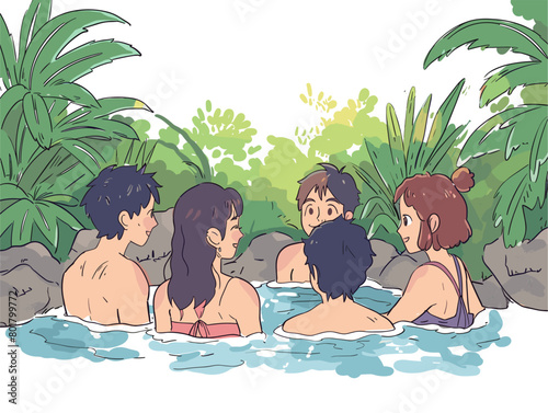 Find Relaxation and Tranquility in Nature's Embrace: Friends Unwind in a Serene Hot Spring