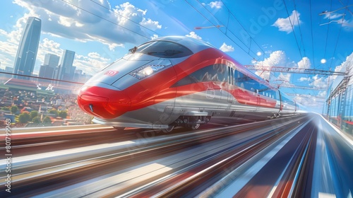 high speed train with the city as background, blue sky and white clouds photo