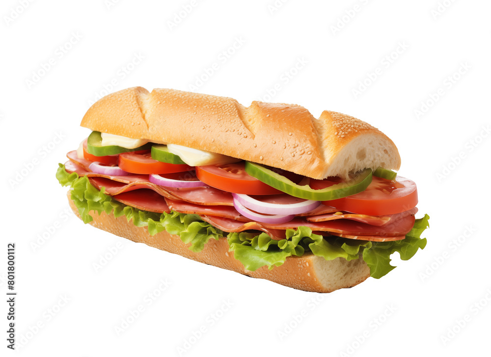 A towering deli sandwich with layers of ham, turkey, cheese, lettuce, and tomato on whole grain bread, isolated on transparent background. Generative AI A towering deli sandwich with layers of ham, turkey, cheese, lettuce, and tomato on whole grain bread, isolated on transparent background. Generative AI