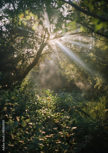 sun rays through the forest  nature   light beams