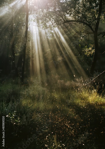 sun rays through the forest  nature   light beams