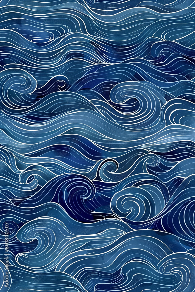 Indigo and pale blue wave pattern, deep and tranquil, suitable for meditation and relaxation themes