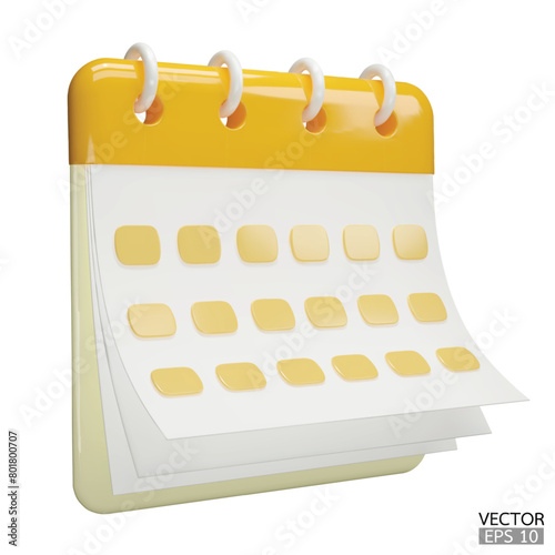 Calendar date 3d icon. Yellow calendar with flipping pages isolated on white background.  Daily schedule planner. Calendar events plan, Reminder, work planning concept. 3d vector illustration.
