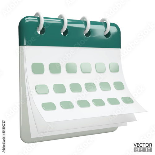 Calendar date 3d icon. Green calendar with flipping pages and rings isolated on white background. Daily schedule planner. Calendar events plan, Reminder, work planning concept. 3d vector illustration.