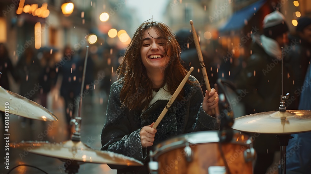 Young woman happily plays the drum set in the rain It convey that even though the activity go against her appearance, she is still able to have fun with it. Suitable for phrase 