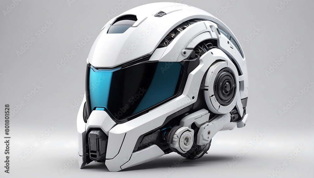 A futuristic cybernetic helmet on a white background with a gray background, modern stylized intricate high tech helmet A futuristic cybernetic helmet on a white background with a gray background, modern stylized intricate high tech helmet