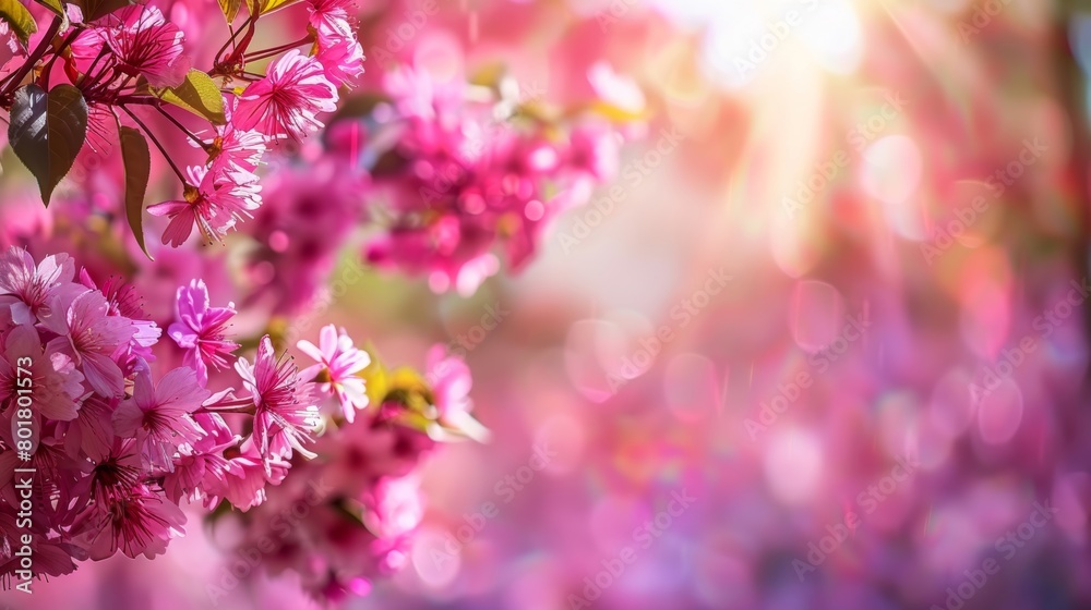 Vivid pink cherry blossoms highlighted by a bright sun flare, emphasizing the lush, vibrant colors of spring. Vivid pink cherry blossoms highlighted by a bright sun flare, emphasizing the lush, vibrant colors of spring.