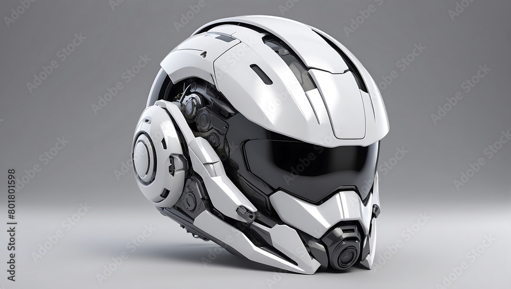 Fototapeta premium A futuristic cybernetic helmet on a white background with a gray background, modern stylized intricate high tech helmet