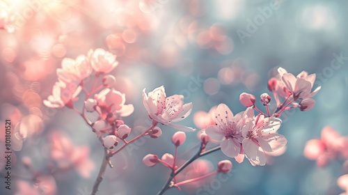 Close-up of soft pink cherry blossoms under a radiant, light-drenched background, conveying a serene springtime mood.