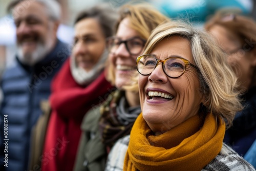 Portrait of happy senior woman with group of people in the background. © Iigo